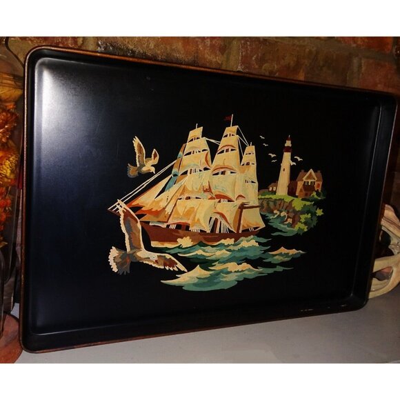 Tin Tray Sailing Ship Lighthouse Hand Painted Black Vintage Tole Style Rectangle - Picture 5 of 11